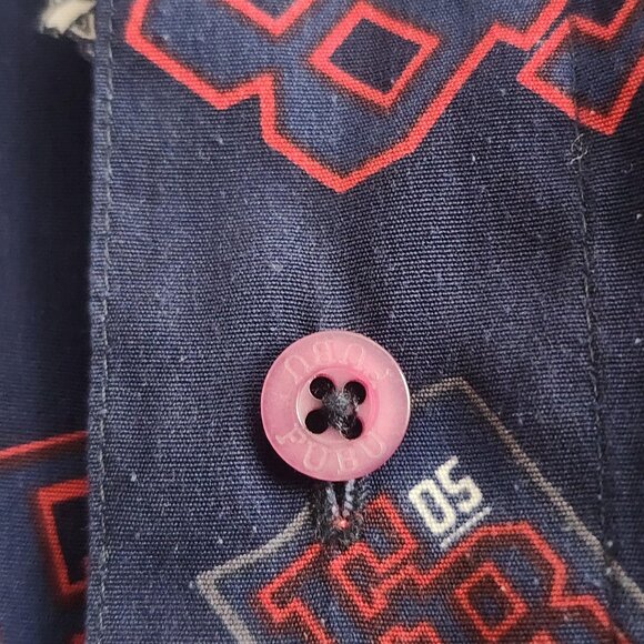 FUBU Shirt Mens 3XL Navy Blue Red Button Up Long Sleeve All Over Print 90s Style - Picture 3 of 9